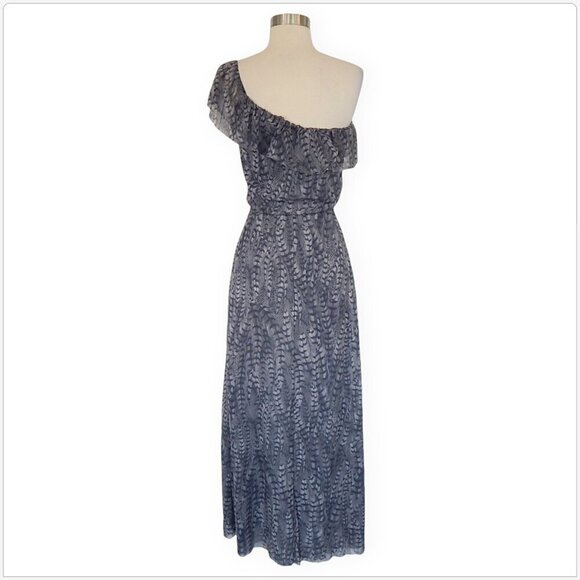 Sweet Pea Long Gray Feather Animal Print One Shoulder Ruffle Trim Maxi Dress S - Picture 3 of 4